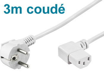iec3b Cordon alimentation cable secteur blanc 3m coudé schuko avec fiche IEC 320 coudée pour TV, PC , écran plat lcd / led / plasma ...