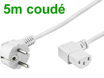 iec5b Cordon alimentation cable secteur blanc 5m coudé schuko avec fiche IEC 320 coudée pour PC , écran plat lcd / led / plasma ...