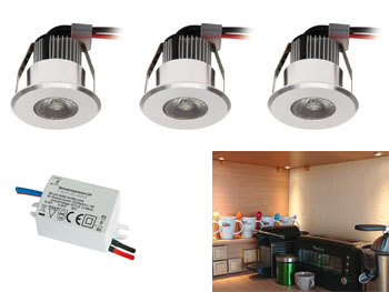 let8103 Kit 3 mini spots LED 230v  encastrer pour meubles, cuisine, bibliothque, tagres