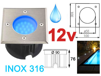 odrog7012blbt12v Spot LED 12v 1.8w Bleu, Carré, étanche IP67 pour l'exterieur. Inox 316L, Faible profondeur. Encastrable pour sol de terrasse, jardin et plage de piscine