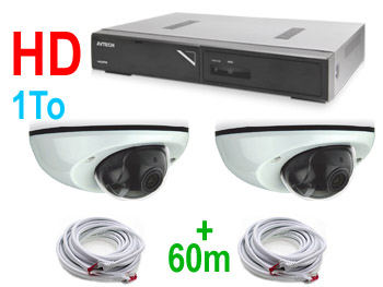 pack2ip Pack video surveillance HD avec enregistreur numerique 1To H.265 + kit 2 camras dome HD + 2X30M cable. Compatible internet / iphone / Android 