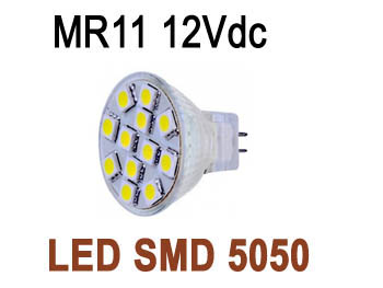 smdmr11cw AMPOULE LED SMD5050 haute puissance 2.4w très grand angle 120° BLANC froid 6500k type MR11 12V dc