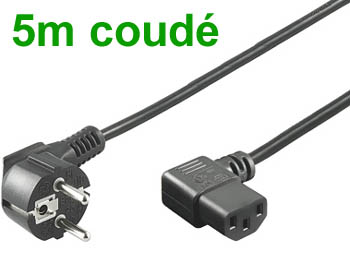 iec5 Cordon alimentation cable secteur noir 5m coudé schuko avec fiche IEC 320 coudée pour PC , écran plat lcd / led / plasma ...
