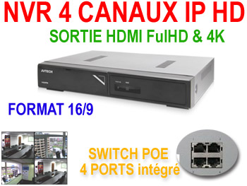 nvr4 Enregistreur NVR 4 canaux H265 4K 120Fps POE pour cameras IP Avtech 1.3, 2, 5 et 8 mgapixels. compatible iphone / Android EAGLE EYES