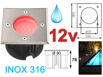 odrog7012rgbt12v Spot LED 12v 1w rouge, Carr, tanche IP67 pour l'exterieur. Faible profondeur. Encastrable pour sol de terrasse, jardin et plage de piscine