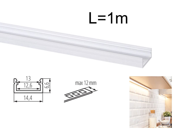 prf1w Profilé aluminium laqué blanc 1m pour ruban LED 8mm et 12mm