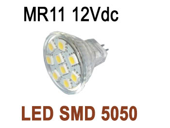 smdmr11ww AMPOULE LED SMD5050 1.8w trs grand angle 120 BLANC chaud 3200k type MR11 12V dc basse consommation